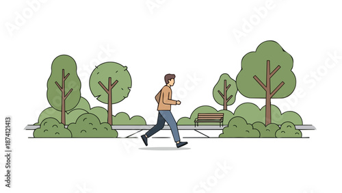 A vibrant animated depiction of an individual enjoying a refreshing run through a serene, verdant park environment, promoting outdoor wellness and