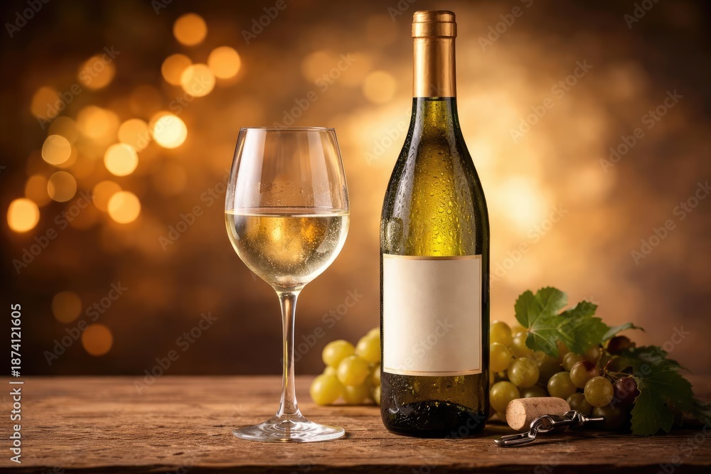 Obraz premium Glass of white wine paired with bottle against a glowing background