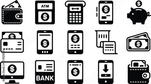 Digital banking and payment icon set with wallet ATM mobile finance symbols for online money management systems