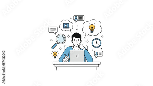 A dedicated professional immersed in deep thought, utilizing a laptop to research, brainstorm ideas, manage time, and engage in digital