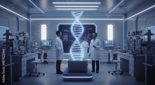 Scientists Analyze Holographic DNA in a Futuristic Biotechnology Lab