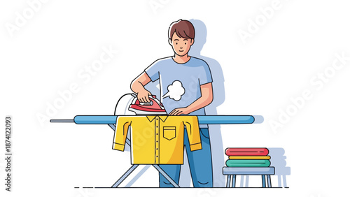 A person diligently irons a crisp yellow shirt on an ironing board, steam rising gently, ensuring garments are perfectly smooth and ready for wear