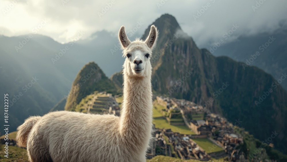 Fototapeta premium Llama looking attentively, highlighting wildlife observation and animal focus, World Animal Day