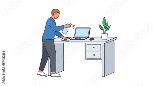 Dedicated individual meticulously cleans and sanitizes their home office workspace, ensuring a hygienic and productive environment.