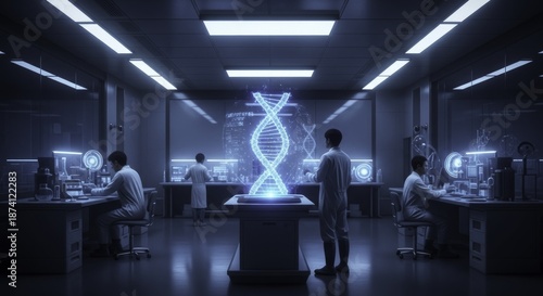 Advanced Genetics Research Lab with Scientists and a Central Holographic DNA Double Helix