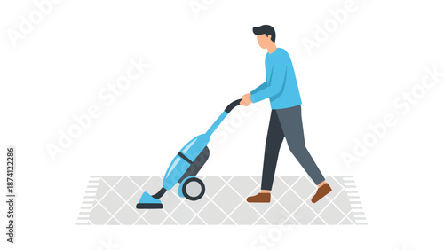 A modern flat illustration showing a man carefully vacuuming a geometric patterned floor area with a sleek blue upright cleaner, representing
