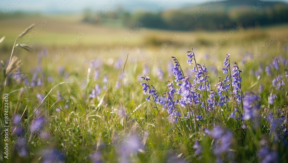 Fototapeta premium Wildflowers and bluebells in a lush meadow on a clear day, suitable for landscape design backdrops