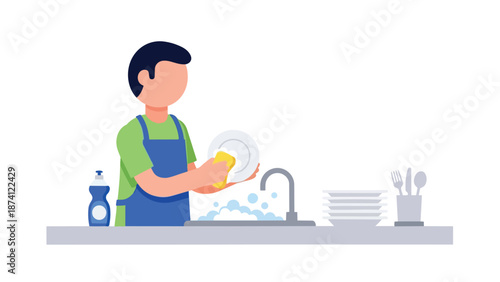 Household Chore Illustration: Person Washing Dishes at a Kitchen Sink with Soap and Bubbles