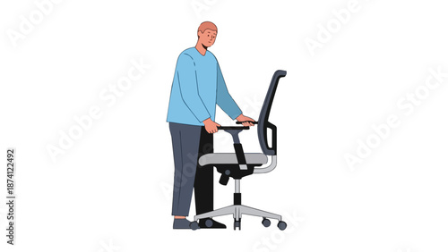 Man standing beside modern ergonomic office chair, ready for work or adjustment in a professional setting. This illustration captures workplace