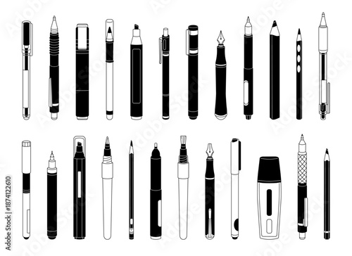 Doodle set of different drawing and writing instruments. Various stationery- pen, pencil, liner, crayon. Painting tools, office and school supplies. Flat isolated outline vector illustrations on white