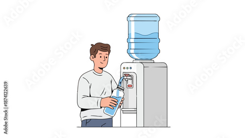 Joyful man refills reusable bottle at water dispenser promoting health and eco-friendly hydration habits
