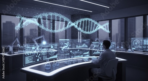 Future of Genomic Research: Scientist Interacting with Holographic DNA Visualizations and Advanced Data Interfaces in a High-Tech Laboratory