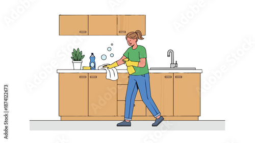 A dedicated person actively cleans kitchen countertops using a spray bottle and a clean cloth, ensuring impeccable hygiene and a spotless,