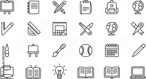 Education and School Supplies Icon Set with Books Stationery Backpack Art Tools and Learning Symbols Outline Vector Design
