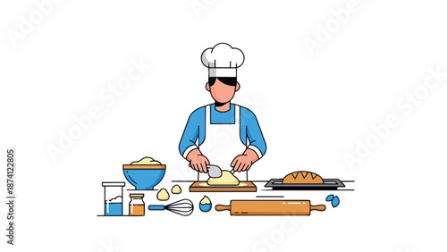 A dedicated baker meticulously crafts fresh dough on a wooden surface, surrounded by essential ingredients and tools, representing the fundamental