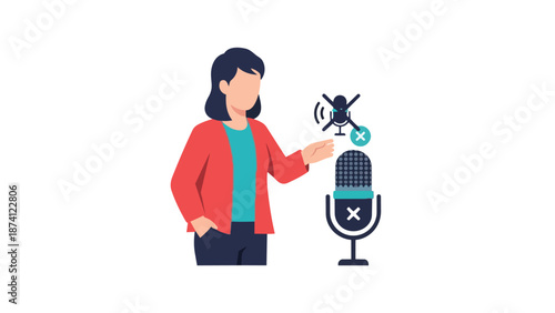 Illustration of a woman interacting with a digital microphone, indicating a muted audio status for privacy or managing sound during an important