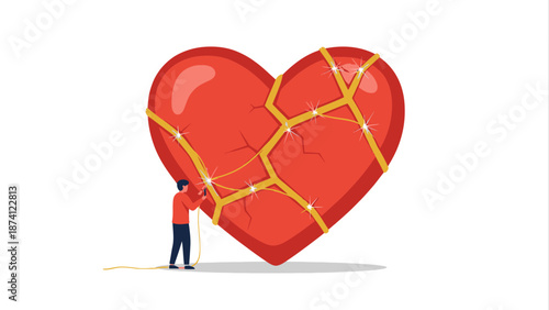 Flat vector illustration of a person repairing a broken heart with golden seams