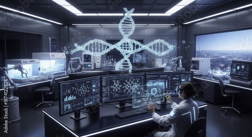 Futuristic Genetic Research Lab with Scientist Using AR/VR for DNA Analysis and Data Visualization