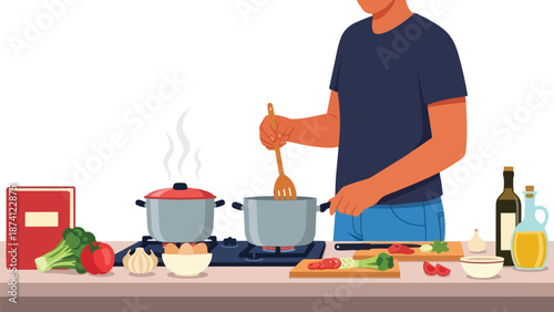 Detailed illustration of a person engaged in preparing a healthy meal in a modern kitchen setting