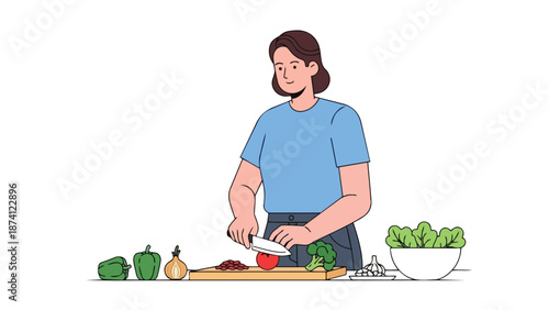 A dynamic illustration depicting a woman diligently chopping vibrant, fresh vegetables for a nutritious meal, promoting healthy culinary practices