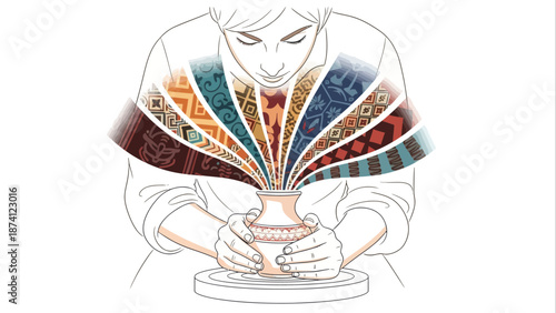 Flat vector illustration of a potter shaping a vase with colorful patterns emerging from the top