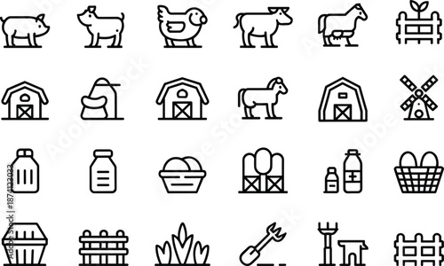 Farm Icon Set Illustration with Animals Barn Milk Eggs Tools and Fences Outline Vector Design for Agriculture Farming Industry