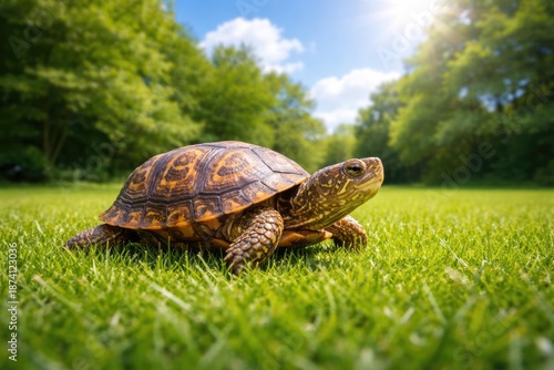 Lively pet turtle slowly moving on emerald green grass lawn under bright summer sky full length shot © TheWaterMeloonProjec