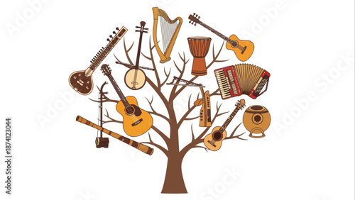 Harmonious musical instruments adorning a symbolic tree, representing the rich growth and global diversity of world music culture in a stylized flat vector illustration