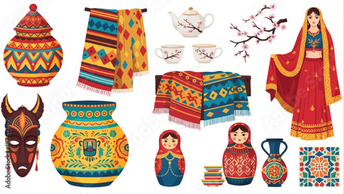 Collection of decorative elements and cultural items in a flat vector illustration style