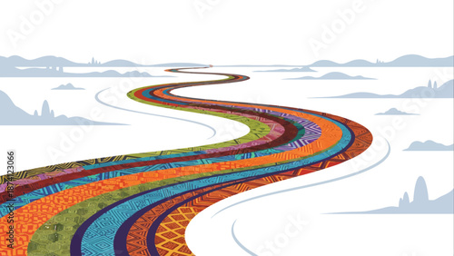 A captivating flat vector illustration of a vibrant, winding road made of diverse patterned strips, symbolizing life's journey, progress, and interconnected paths towards new horizons