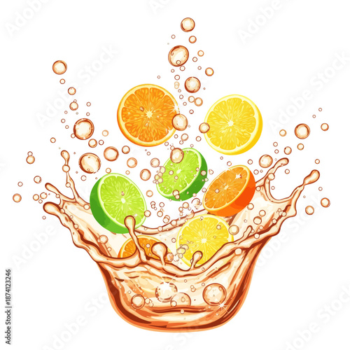 Flat vector illustration Fresh citrus splash. Oranges, lemons, limes bursting with dynamic bubbles, droplets. Symbolizes natural refreshment