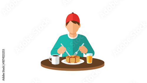 Vibrant illustration of a person enjoying a delicious pancake breakfast with refreshing beverages