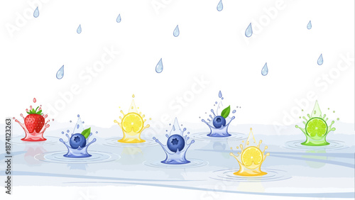 Vibrant Flat Vector Illustration of Fresh Fruits Splashing in Water as Rain Drops Down, Showcasing Refreshing Juiciness and Dynamic Movement