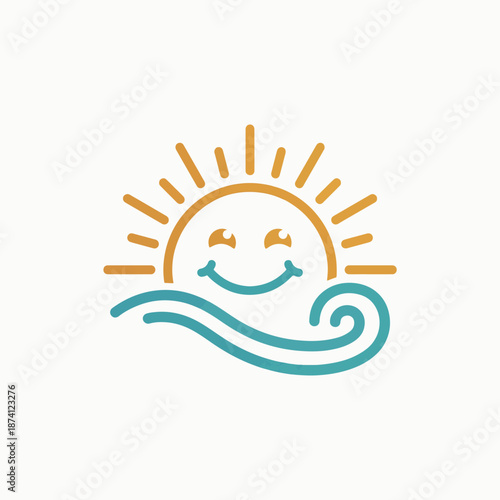 Smiling sun shining over ocean wave in vibrant colors