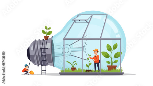 Flat vector illustration small people cultivate plants in a light bulb greenhouse, symbolizing sustainable innovation and green ideas