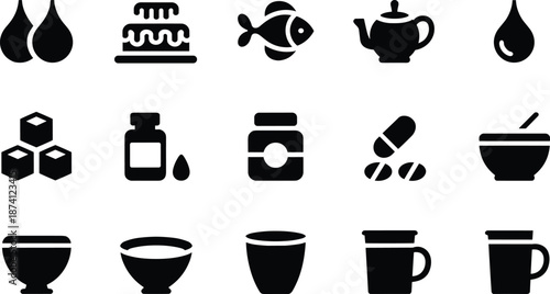 Food and drink icon set with tea cake ingredients medicine kitchen symbols for cooking nutrition and beverage design