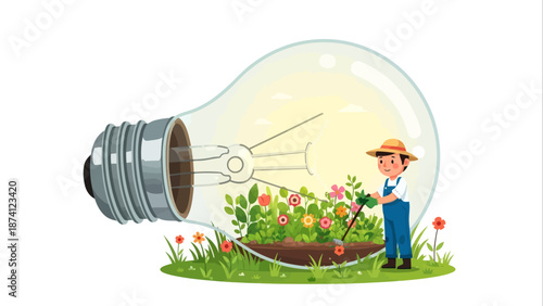 A child gardener cultivates a vibrant garden within a glowing lightbulb, symbolizing sustainable energy and environmental care in this flat vector illustration