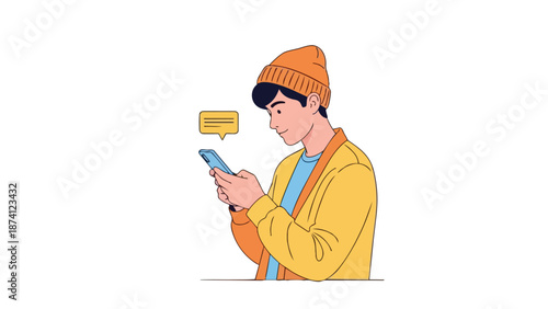 Youthful individual engaging with mobile device for digital communication and online interaction