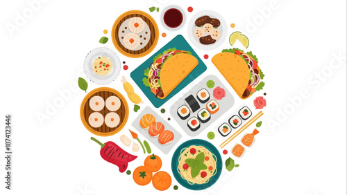 Vibrant Circle of Delicious Food Assortment flat vector illustration of diverse cuisines