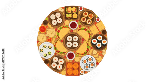 Vibrant flat vector illustration of a diverse international street food collection, featuring an appetizing circular arrangement of Asian snacks, sushi, and tacos