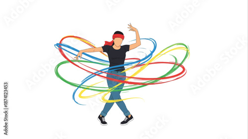 Dynamic flat vector illustration of a person dancing with colorful abstract swirls representing movement and energy