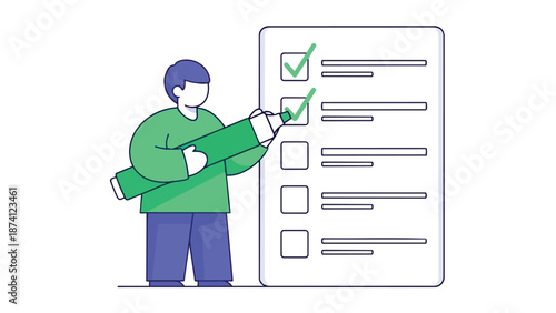 Person marking digital checklist, symbolizing efficient task management, goal attainment, and streamlined productivity. This illustration conveys