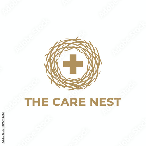 The Care Nest Logo with Medical Cross and Bird Nest for Healthcare and Wellness Brand
