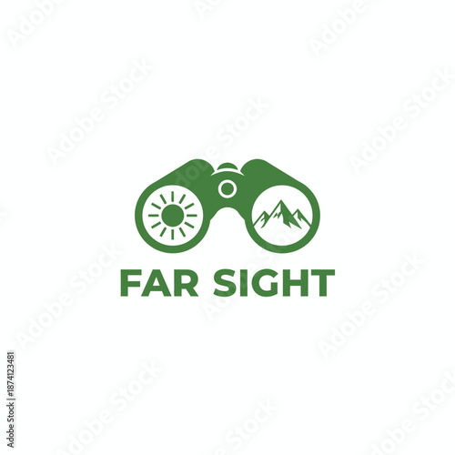 Minimalist Far Sight Logo with Binoculars Sun and Mountain for Adventure and Travel Agency