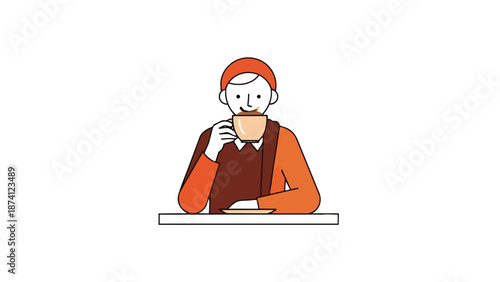 Minimalist illustration of a person sipping coffee or tea, depicting a relaxing moment with a warm beverage. Simple line art enjoying their drink