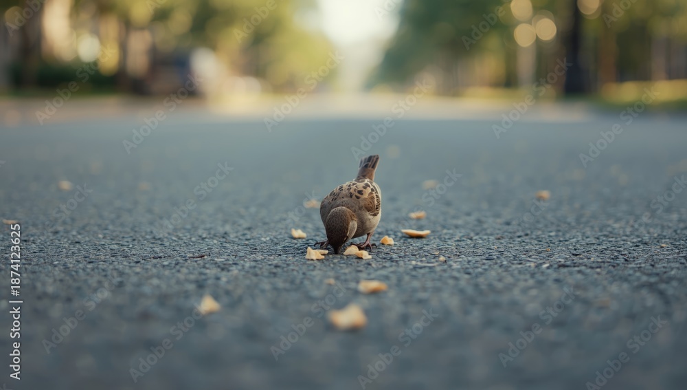 Obraz premium Small bird pecking at bread crumbs on pavement, emphasizing urban nature presence