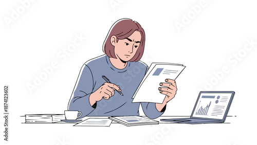 Detailed financial analysis with a focused professional meticulously examining business documents, utilizing a laptop for data interpretation and