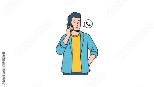 Modern communication scene with a smiling man engaging in a phone conversation digital illustration of a person discussing something important and
