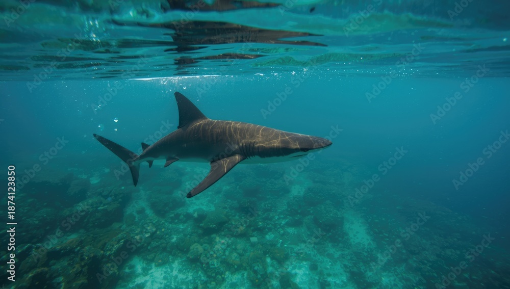 Fototapeta premium Hammerhead shark patrolling shallow waters, illustrating ocean predator behavior