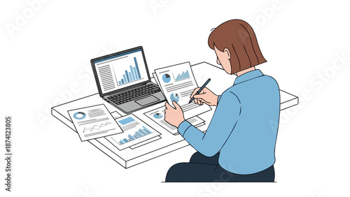 Dedicated professional meticulously analyzes business data and financial reports, using laptop and documents to derive key insights for strategic